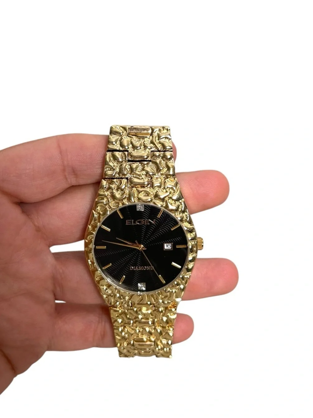 ELGIN FG1040ST Vintage Diamond Women’s Gold Tone Nugget Band Round Watch AS IS